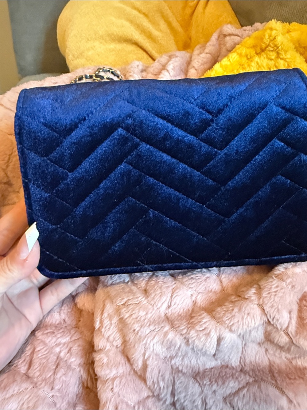 bebe Quilted Velvet Crossbody Bag - Deep Blue with Gold Hardware - Picture 3 of 9